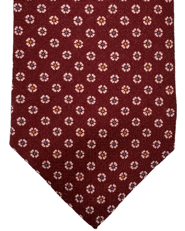 slim-fit wedding silk necktie sets-Isaia Sevenfold Tie Maroon Pink Mini Floral Design - Wool Silk Necktie