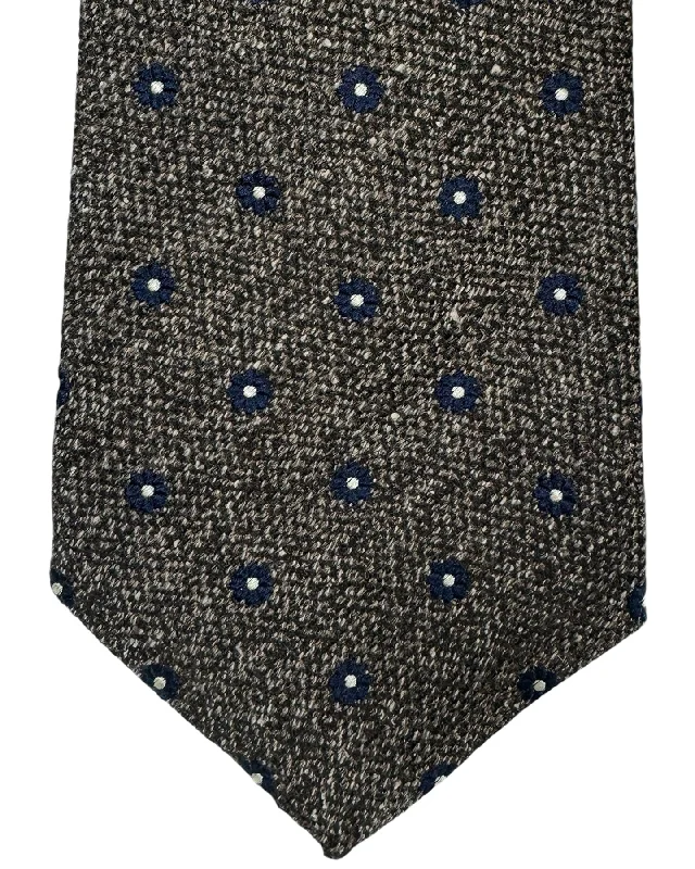 high-end silk necktie options for business events-Kiton Tie Gray Dark Blue Mini Floral - Wool Silk Sevenfold Necktie