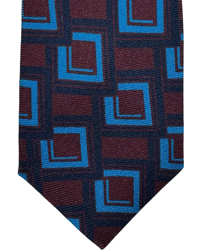 premium business silk bow ties-Kiton Tie Midnight Blue Brown Aqua Geometric - Sevenfold Necktie