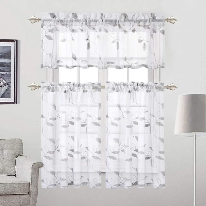 high-end silk wedding tie options-Leaf Embroidered Voile Sheer Kitchen Valances or Tier Curtains