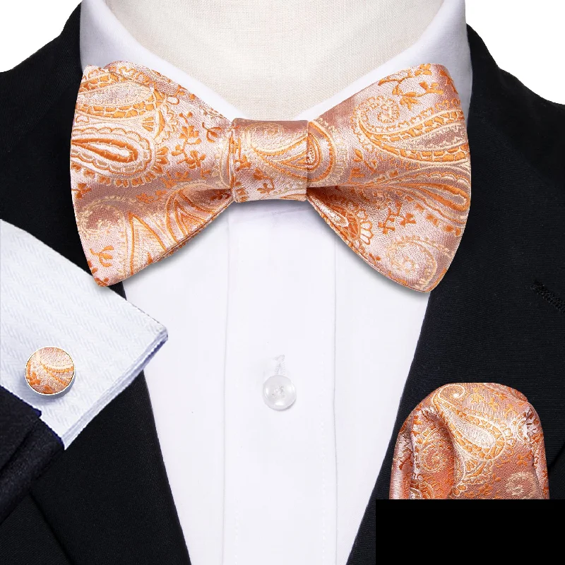 best silk wedding necktie sets for men-Light Orange Paisley Self-tied Silk Bow Tie Pocket Square Cufflinks Set