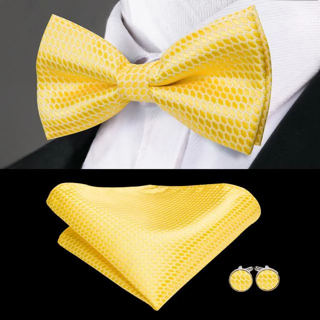 unique wedding necktie patterns for men-Light Yellow Solid Pre-tied Bow Tie Hanky Cufflinks Set