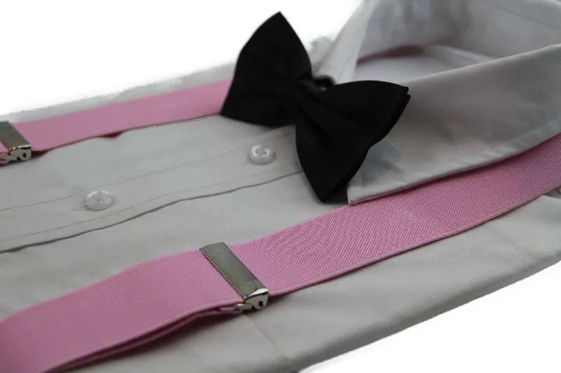 classic silk wedding necktie colors-Mens Baby Pink 100cm Wide Suspenders & Black Bow Tie Set