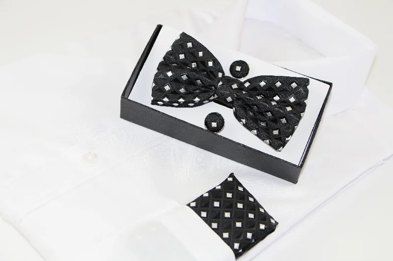 elegant silk bow ties for wedding parties-Mens Black Diamond Matching Bow Tie, Pocket Square & Cuff Links Set