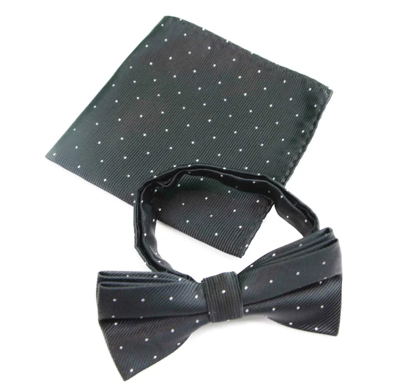 premium silk necktie sets for professional wear-Mens Black With Silver Stars Matching Bow Tie & Pocket Square Set