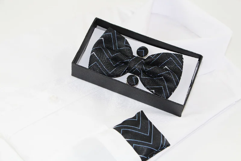 luxury silk necktie packs for weddings-Mens Black & Blue Zig Zag Matching Bow Tie, Pocket Square & Cuff Links Set