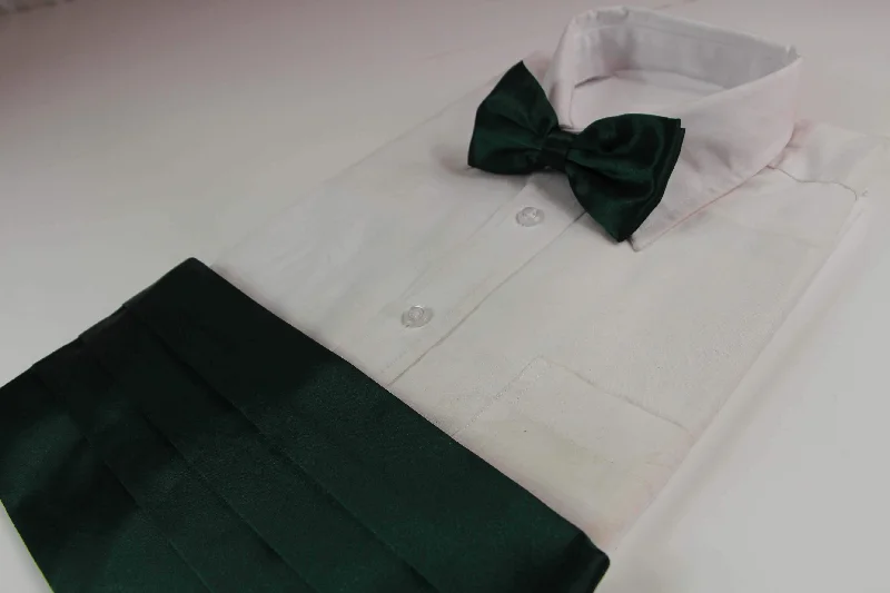 business silk necktie styles for men-Mens Bottle Green Cummerbund & Matching Plain Bow Tie Set