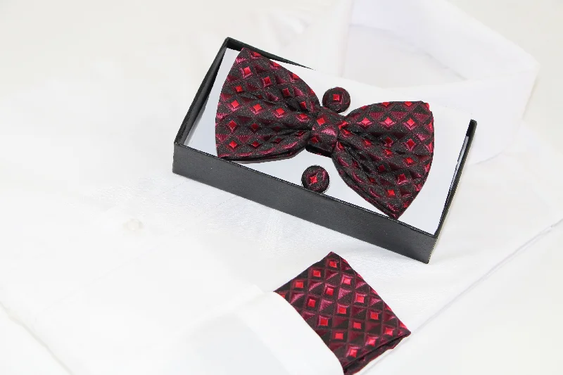 affordable silk necktie options for business wear-Mens Burgundy Diamond Matching Bow Tie, Pocket Square & Cuff Links Set