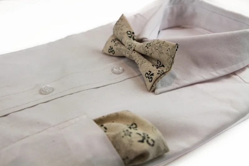 modern wedding silk tie sets-Mens Cream & Green Floral Bow Pattern Cotton Bow Tie & Pocket Square Set