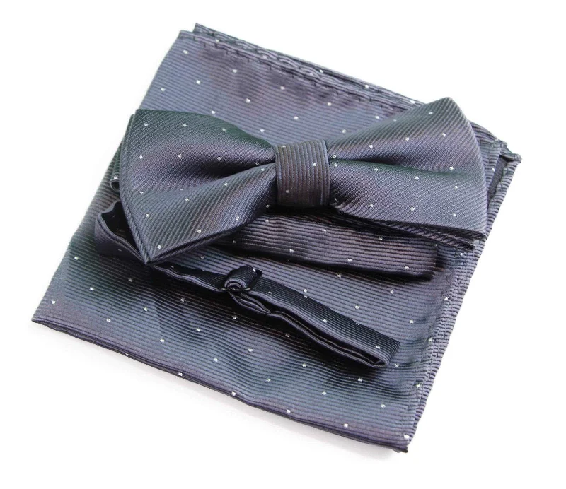 luxury silk necktie designs for office wear-Mens Dark Grey With Silver Stars Matching Bow Tie & Pocket Square Set