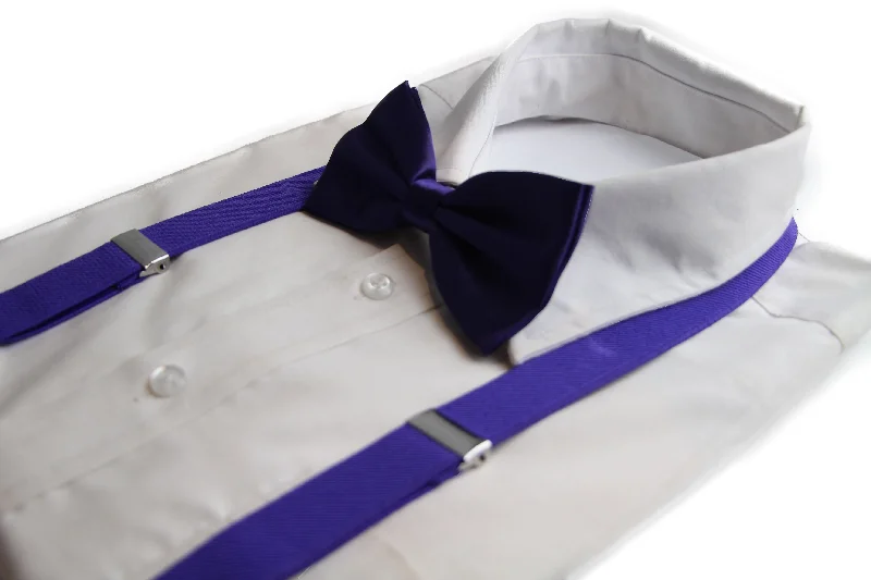 designer silk bow ties for weddings-Mens Dark Purple 100cm Suspenders & Matching Bow Tie Set