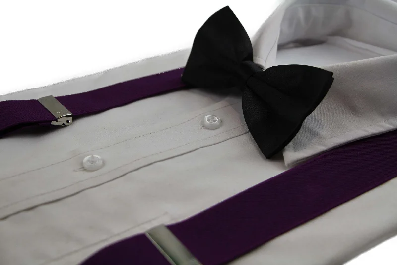 affordable silk bow ties for weddings-Mens Dark Purple 100cm Wide Suspenders & Black Bow Tie Set