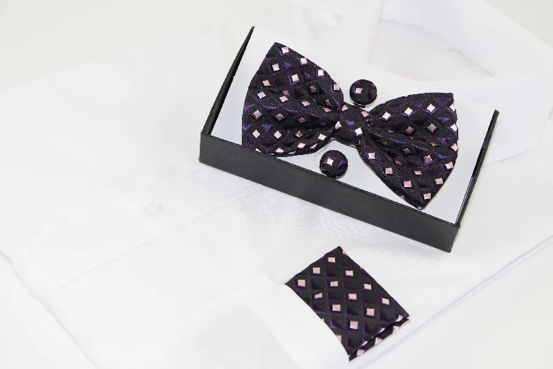 unique business silk necktie designs-Mens Dark Purple Diamond Matching Bow Tie, Pocket Square & Cuff Links Set