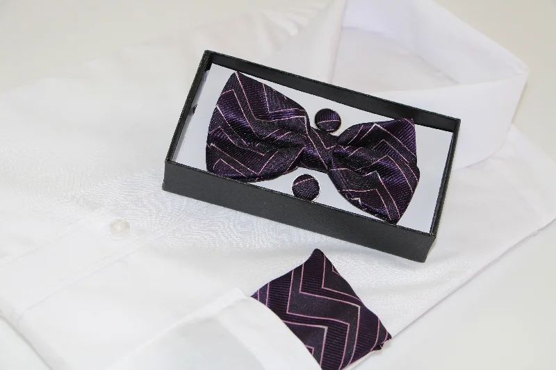 stylish business silk tie designs-Mens Dark Purple Zig Zag Matching Bow Tie, Pocket Square & Cuff Links Set