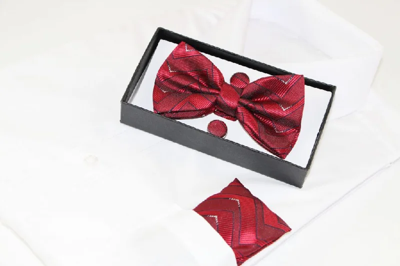 high-quality silk necktie designs for weddings-Mens Dark Red Zig Zag Matching Bow Tie, Pocket Square & Cuff Links Set