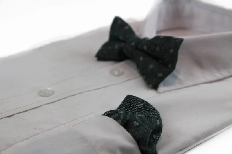 unique silk bow ties for office wear-Mens Green Denim With White Dots Cotton Bow Tie & Pocket Square Set