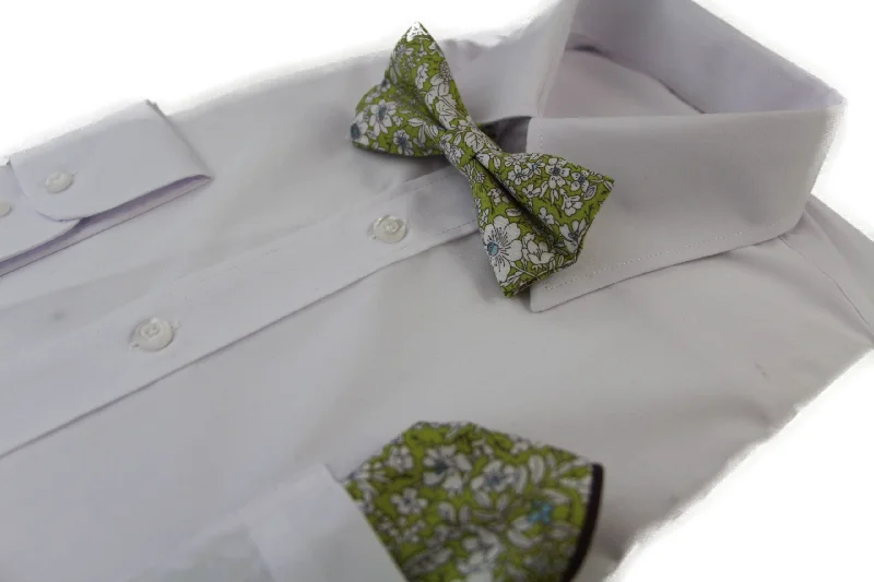 premium silk necktie colors for office wear-Mens Green With White Flowers Cotton Bow Tie & Pocket Square Set