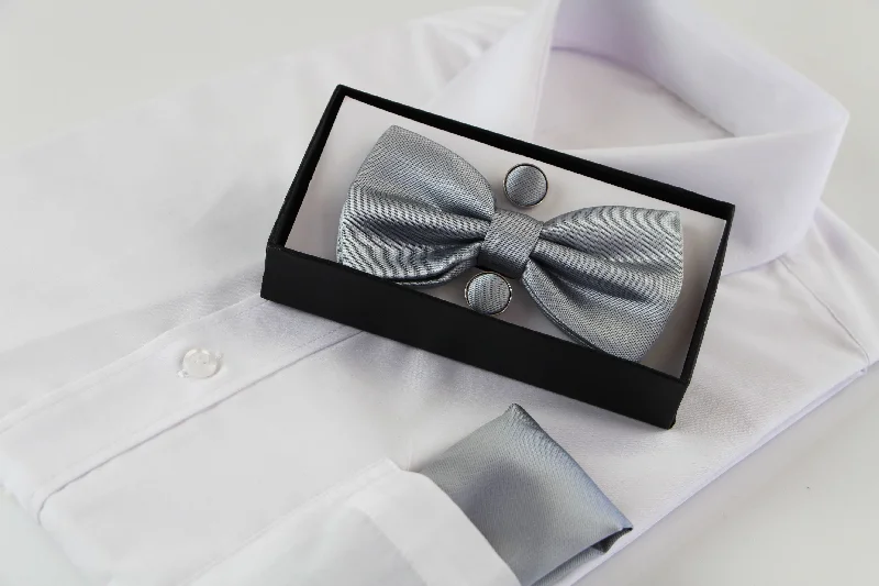 luxury silk bow ties for business wear-Mens Grey Matching Bow Tie, Pocket Square & Cuff Links Set