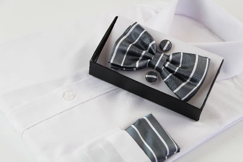 affordable silk wedding tie packs-Mens Grey Textured Stripe Matching Bow Tie, Pocket Square & Cuff Links Set