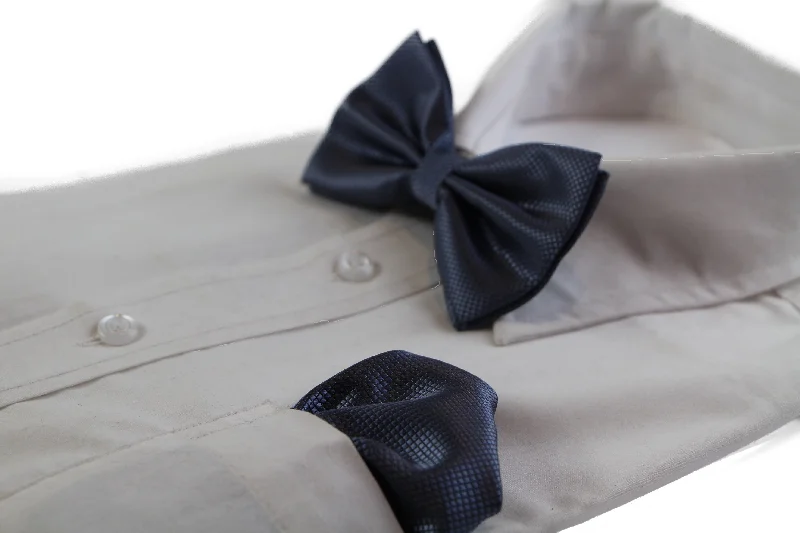 business silk necktie combinations for weddings-Mens Gunmetal Plain Coloured Checkered Bow Tie & Matching Pocket Square Set