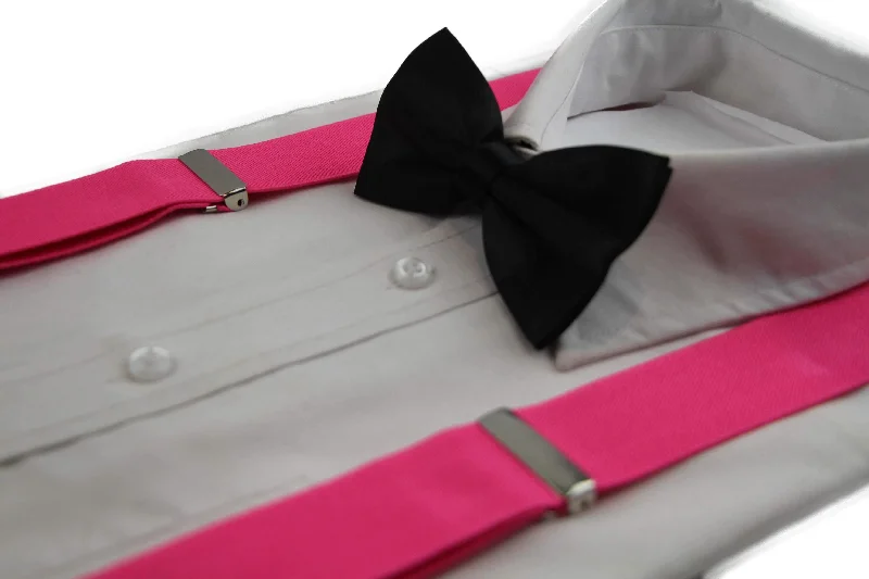 high-end wedding silk necktie designs-Mens Hot Pink 100cm Wide Suspenders & Black Bow Tie Set