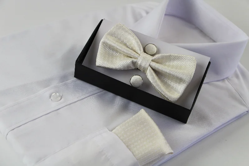 best necktie sets for formal office wear-Mens Ivory Checkered Matching Bow Tie, Pocket Square & Cuff Links Set