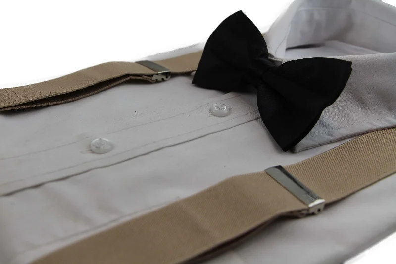 trendy silk bow tie styles for men-Mens Latte 100cm Wide Suspenders & Black Bow Tie Set