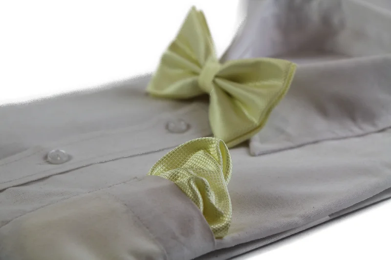 luxurious silk ties for wedding parties-Mens Lemon Plain Coloured Checkered Bow Tie & Matching Pocket Square Set