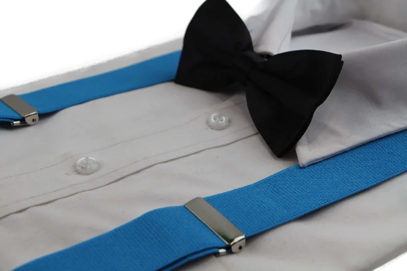 luxury silk necktie sets for formal wear-Mens Light Blue 100cm Wide Suspenders & Black Bow Tie  Set