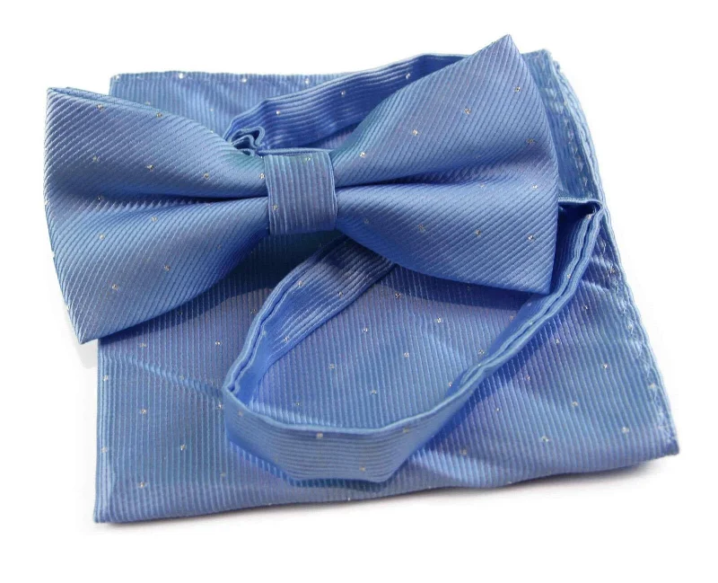 high-end silk necktie designs for weddings-Mens Light Blue With Silver Stars Matching Bow Tie & Pocket Square Set