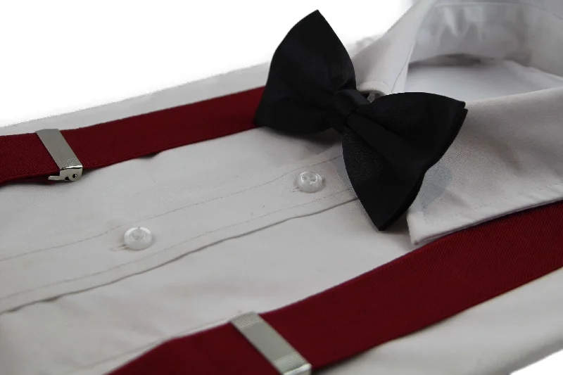 stylish silk bow ties for professional wear-Mens Maroon 100cm Wide Suspenders & Black Bow Tie Set