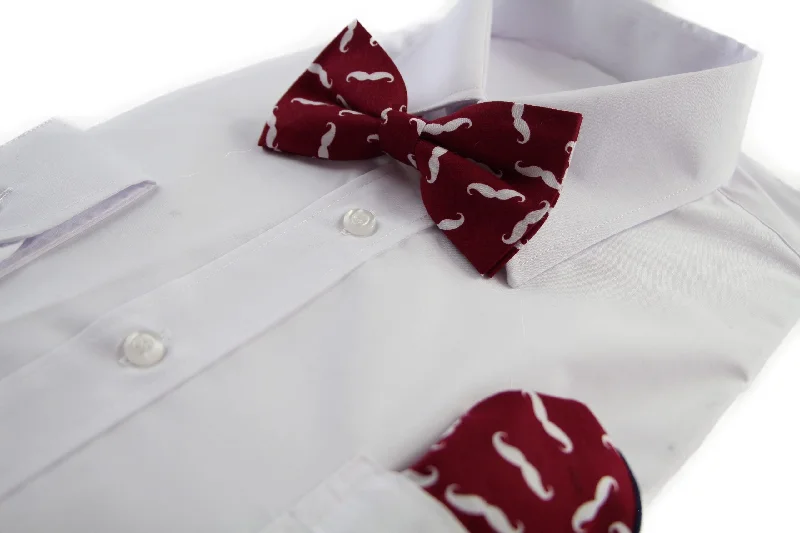 affordable silk bow ties for weddings-Mens Maroon & White Moustache Cotton Bow Tie & Pocket Square Set