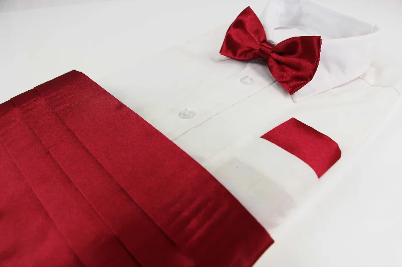 trendy silk necktie styles for office wear-Mens Maroon Cummerbund & Matching Plain Bow Tie And Pocket Square Set