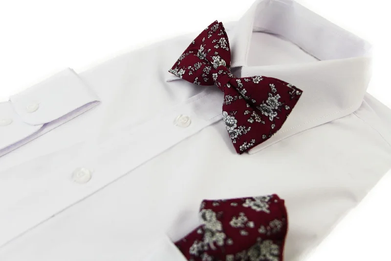 unique silk necktie colors for men-Mens Maroon With White Flowers Cotton Bow Tie & Pocket Square Set