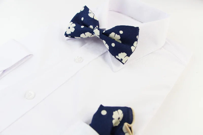 elegant silk necktie options for business wear-Mens Navy & Cream Flowers Cotton Bow Tie & Pocket Square Set