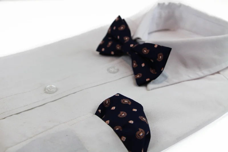 unique silk necktie combinations for weddings-Mens Navy & Tan Scattered Paisley Cotton Bow Tie And Pocket Square Set