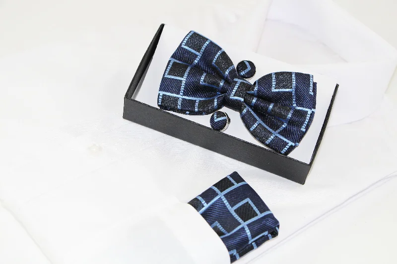 high-end silk necktie designs for weddings-Mens Navy Rectilinear Matching Bow Tie, Pocket Square & Cuff Links Set