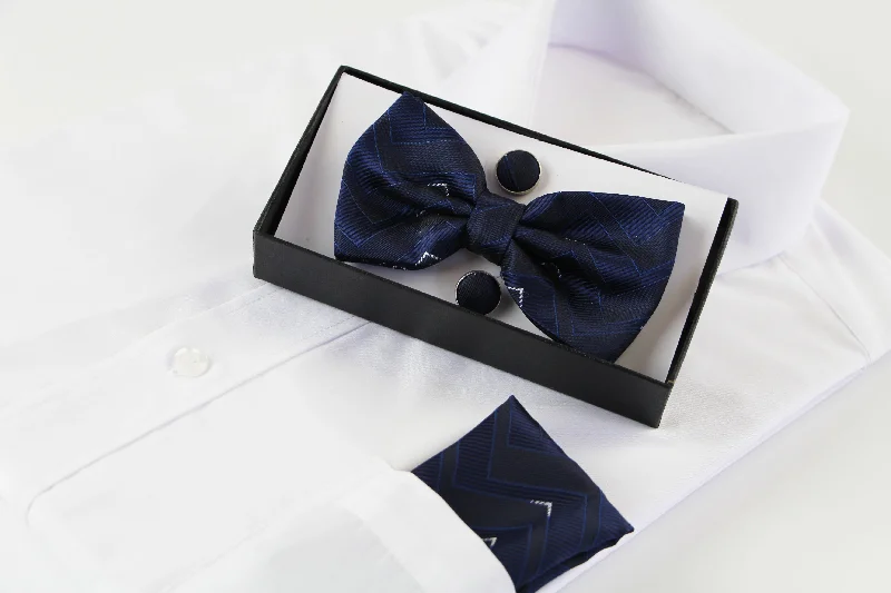 silk necktie options for office meetings-Mens Navy Subtle Zig Zag Matching Bow Tie, Pocket Square & Cuff Links Set