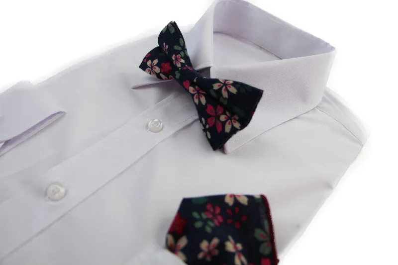 stylish silk bow ties for professional wear-Mens Navy With Pink, Cream & Green Flowers Cotton Bow Tie & Pocket Square Set