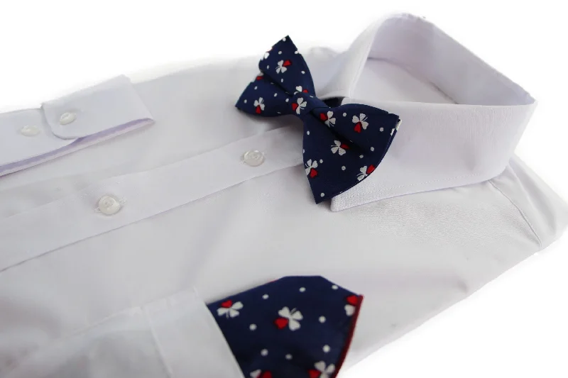 affordable wedding silk tie sets for men-Mens Navy, With Red & White Clover Cotton Bow Tie & Pocket Square Set