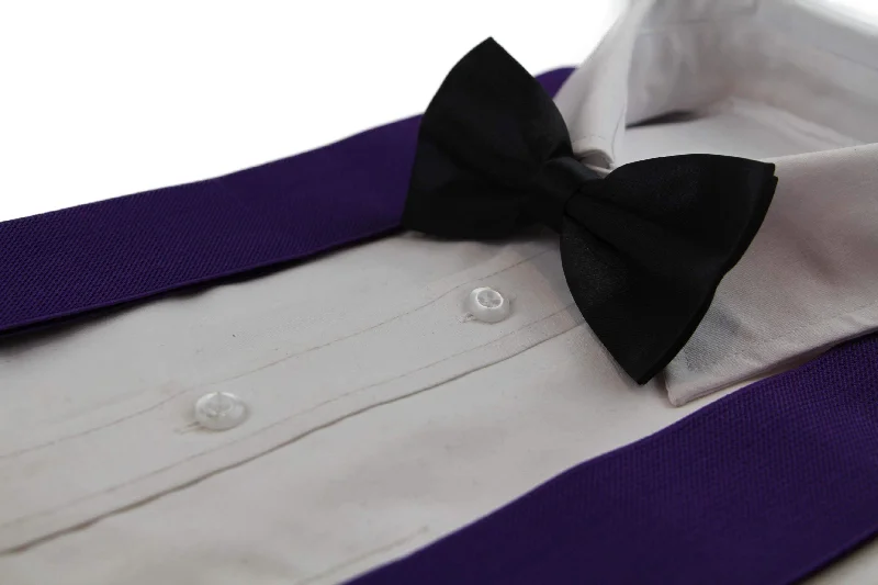 luxurious wedding silk necktie designs-Mens Purple 120cm Extra Wide Suspenders & Black Bow Tie Set