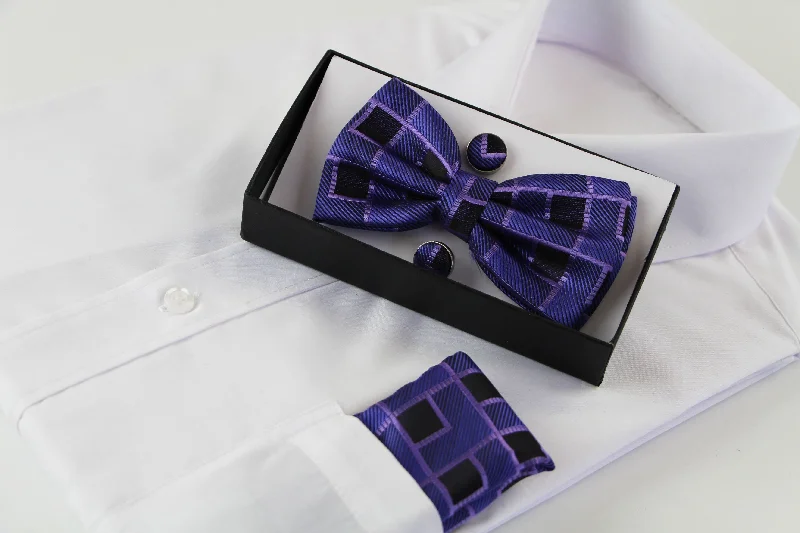 vibrant silk necktie sets for weddings-Mens Purple Rectilinear Matching Bow Tie, Pocket Square & Cuff Links Set