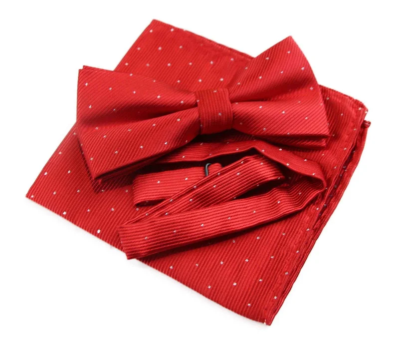 luxurious wedding silk necktie designs-Mens Red With Silver Stars Matching Bow Tie & Pocket Square Set