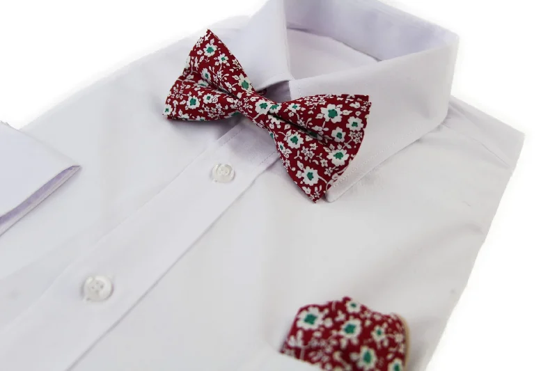 vibrant silk bow ties for office wear-Mens Red With White & Green Flowers Cotton Bow Tie & Pocket Square Set