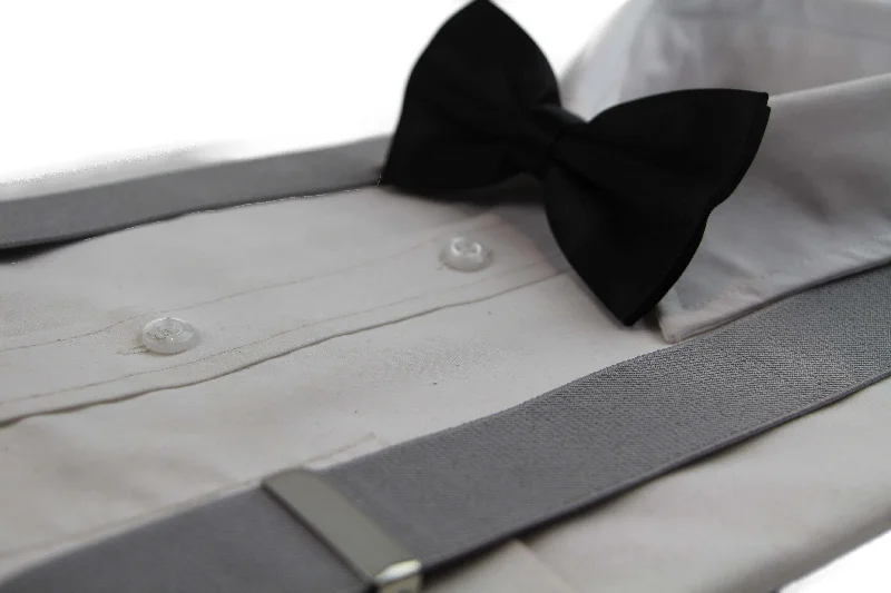 affordable silk necktie sets for office wear-Mens Silver 100cm Wide Suspenders & Black Bow Tie Set