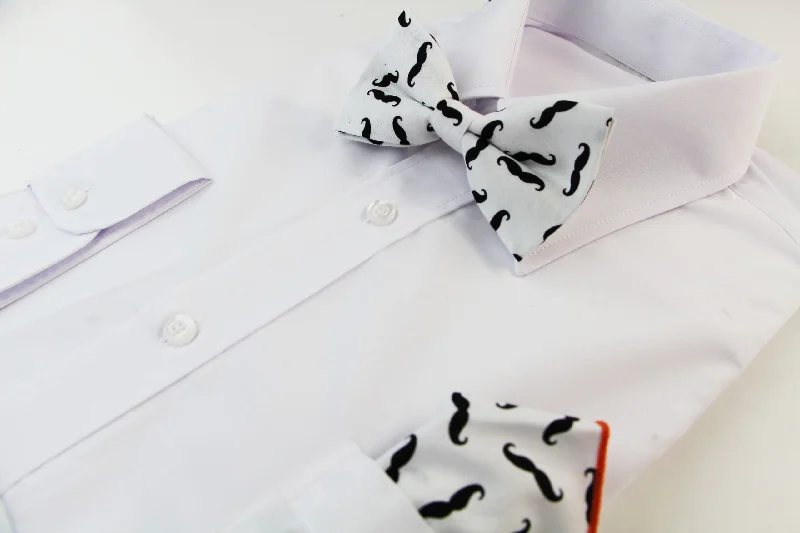 best silk wedding necktie styles-Mens White With Black Moustache Cotton Bow Tie & Pocket Square Set