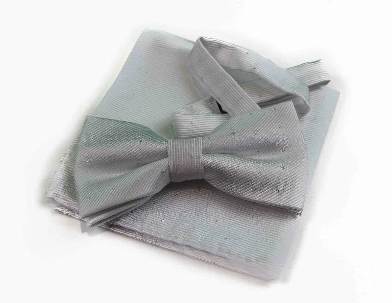 stylish wedding necktie ideas for men-Mens White With Silver Stars Matching Bow Tie & Pocket Square Set