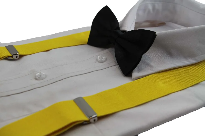 high-quality silk necktie sets for men-Mens Yellow 100cm Wide Suspenders & Black Bow Tie Set