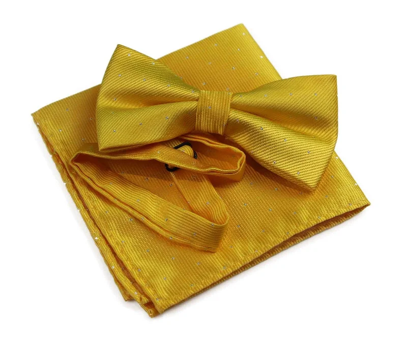 unique office silk tie options-Mens Yellow With Silver Stars Matching Bow Tie & Pocket Square Set