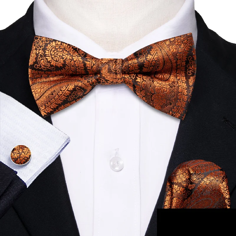 modern silk tie styles for weddings-Metallic Luster Orange Paisley Pre-tied Silk Bow Tie Pocket Square Cufflinks Set